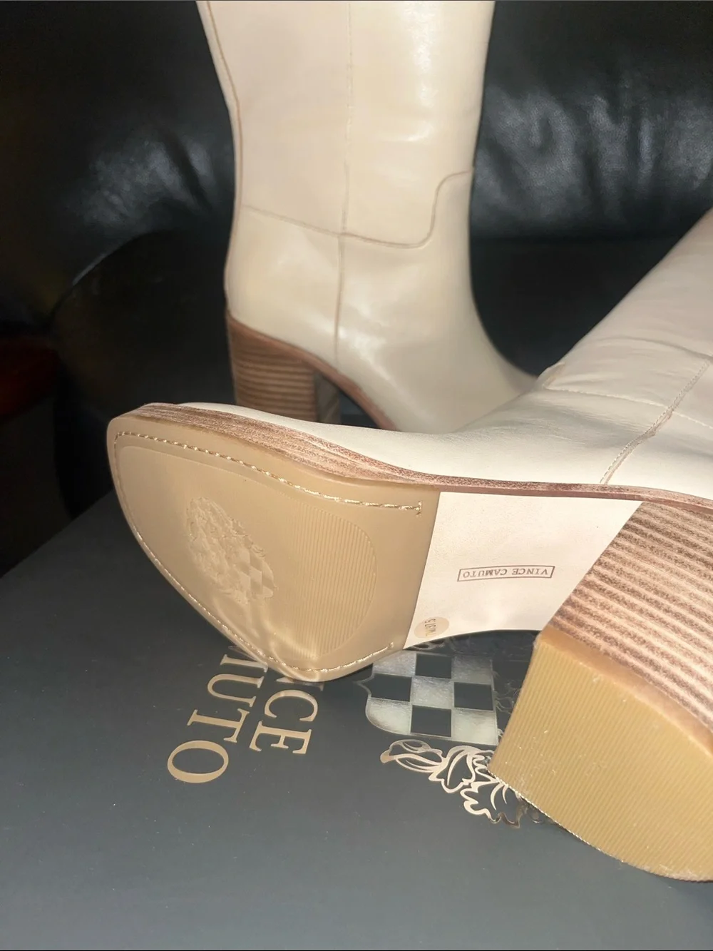 Vince Camuto Cream Leather Over-the-Knee Block Heel Boots